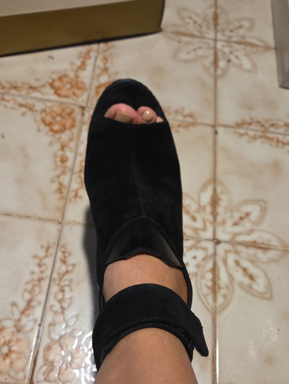 Kelsi Dagger Black Suede Peep-Toe Ankle Bootie with Strap